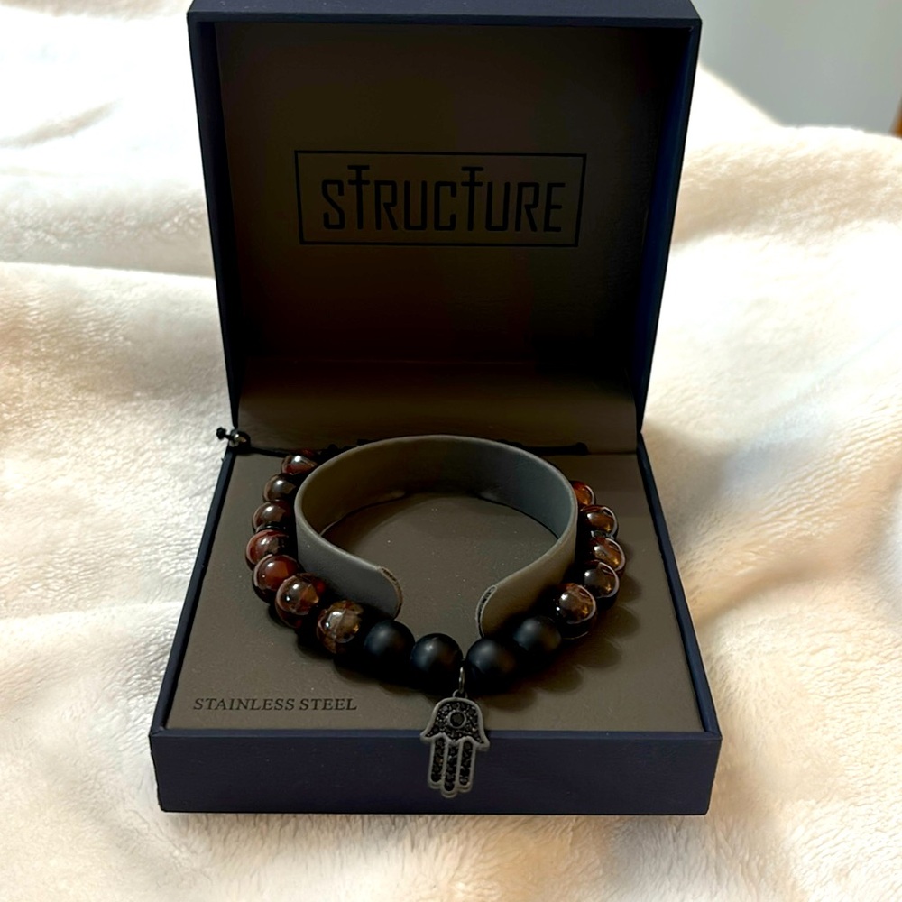 Structure men’s onyx black finish with Hamsa charm attached pendant,bracelet's